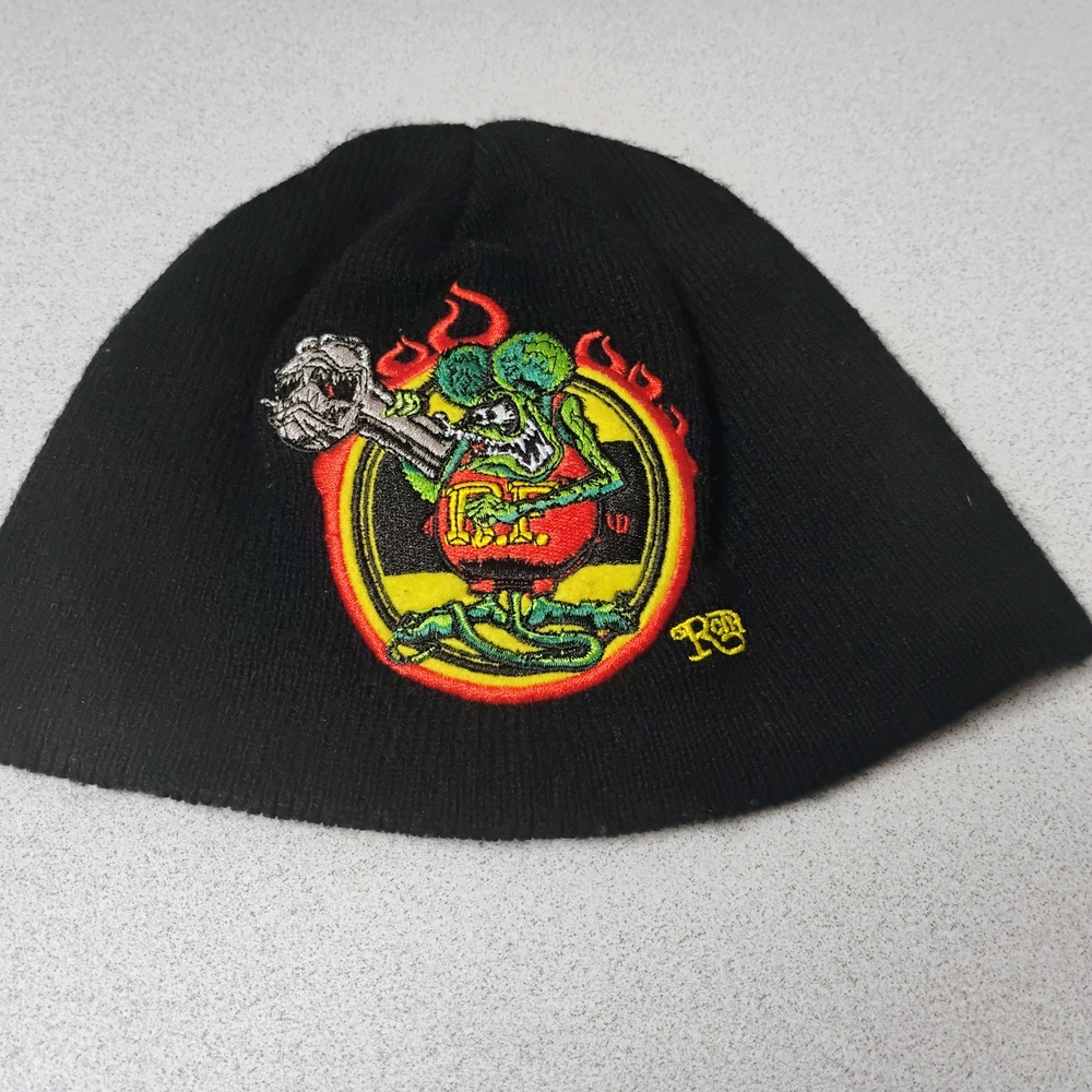 Rat Fink Motor Workz by Ed Roth Black Beanie with Colorful Embroidery